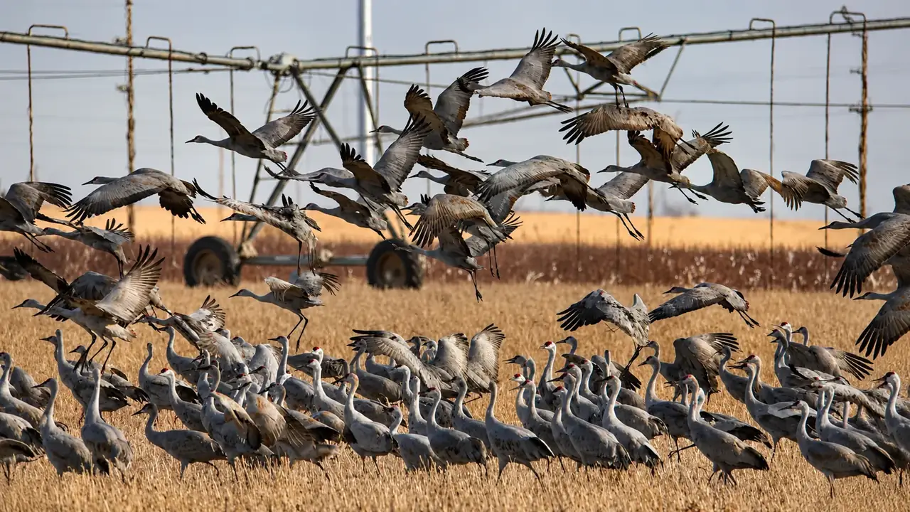 A large flock of sandhill cranes lifting off a stubble field beneath a centre-pivot irrigation rig
